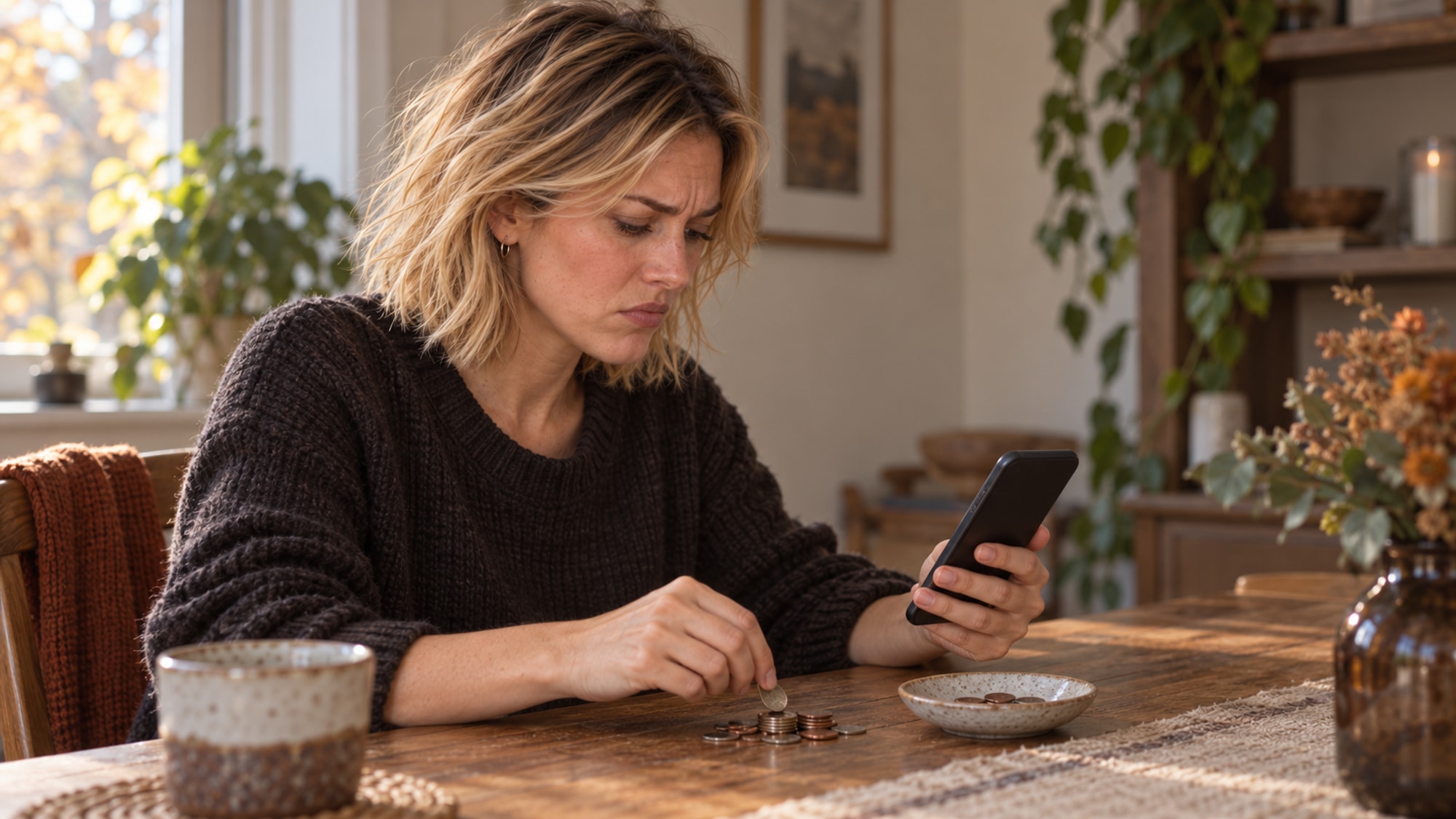 À une table éclairée par la fenêtre, Camille tient un téléphone et touche une pièce.