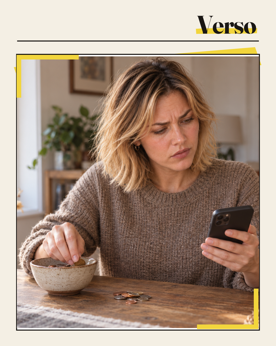À une table, Camille tient un téléphone et touche une pièce dans un bol ; une lumière chaude entre par la fenêtre.