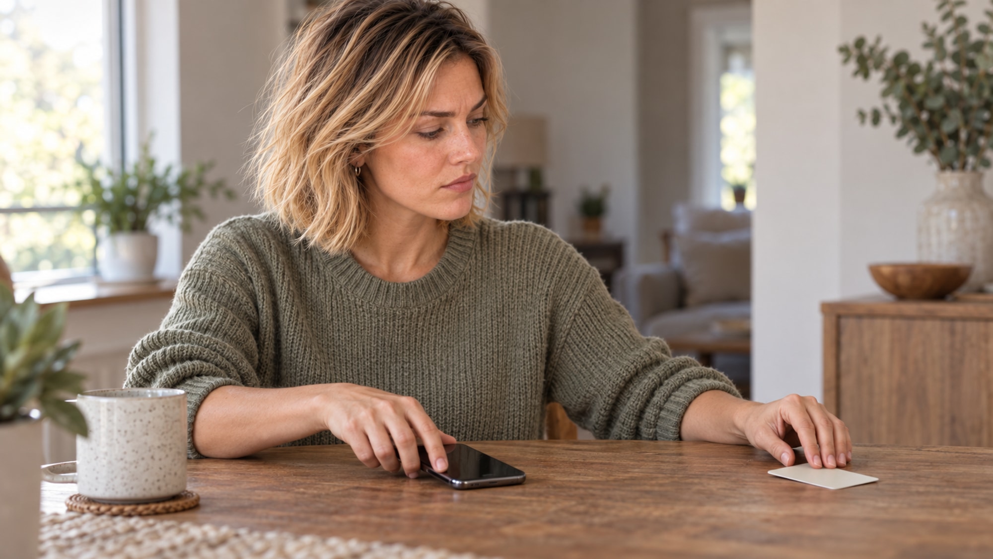 À une table éclairée par le jour, Camille touche un téléphone et tend la main vers une carte.