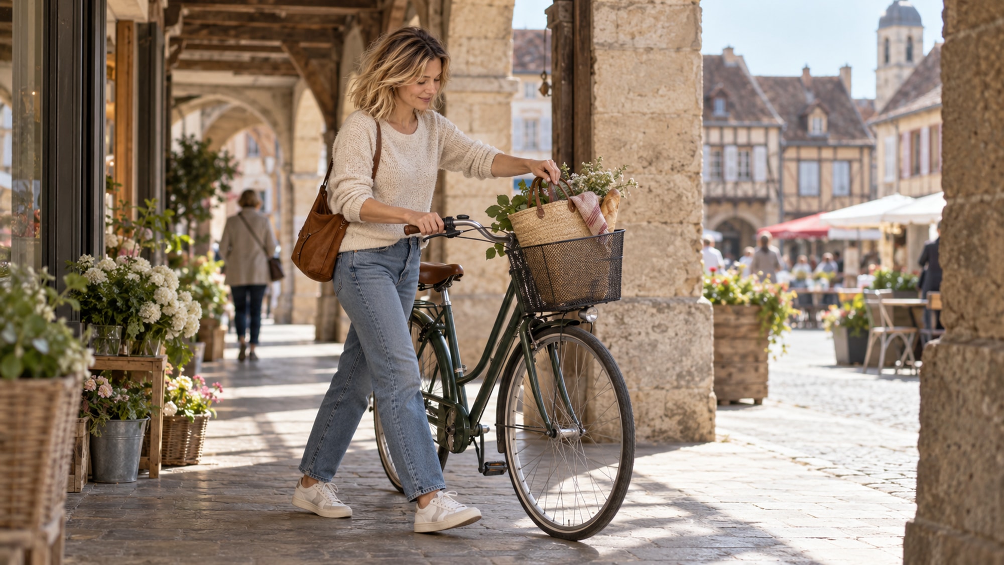 Camille pousse un vélo à panier sous des arcades de pierre ensoleillées.